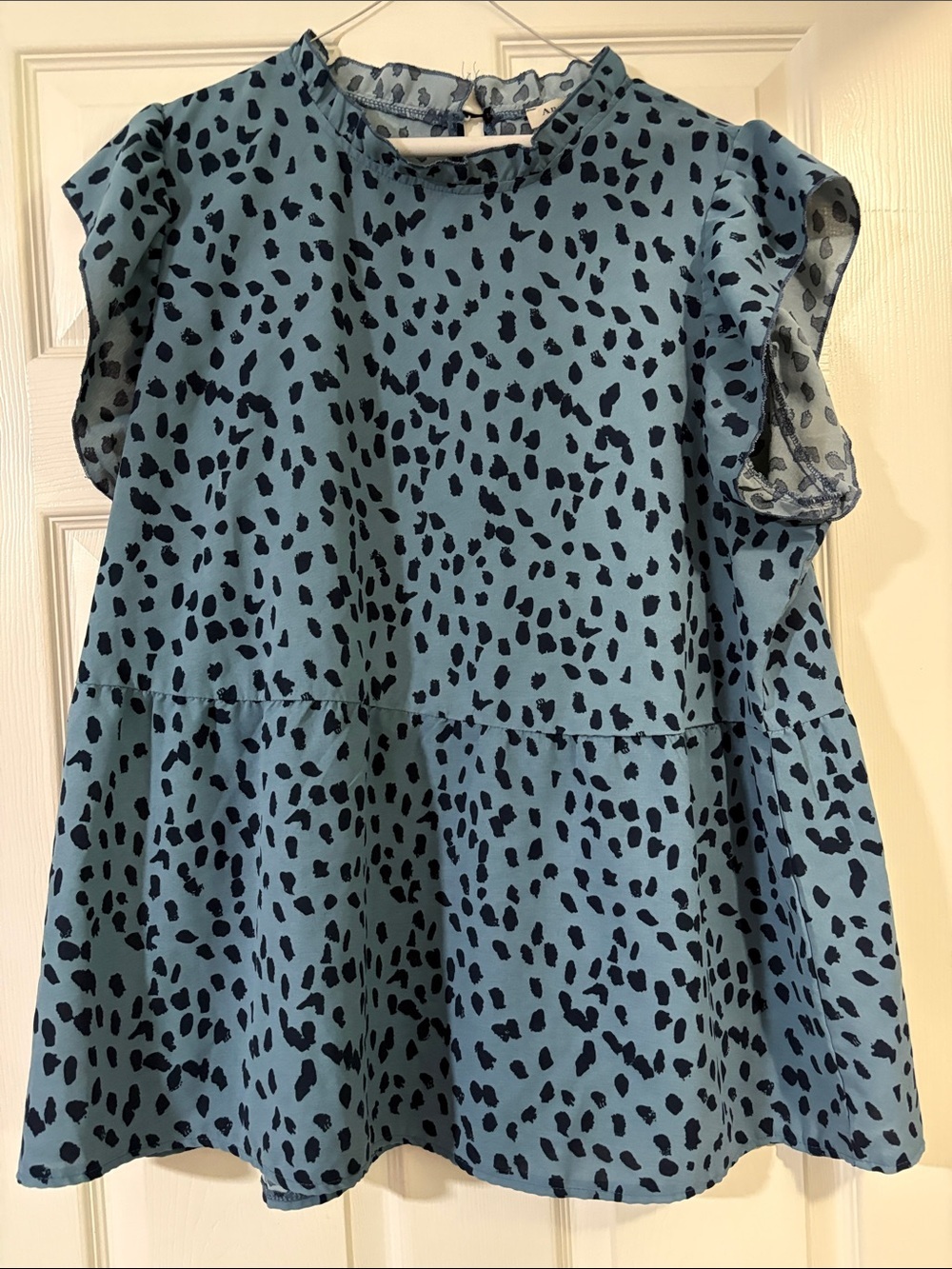 Woven Blue Animal-Print Flutter Sleeve Blouse